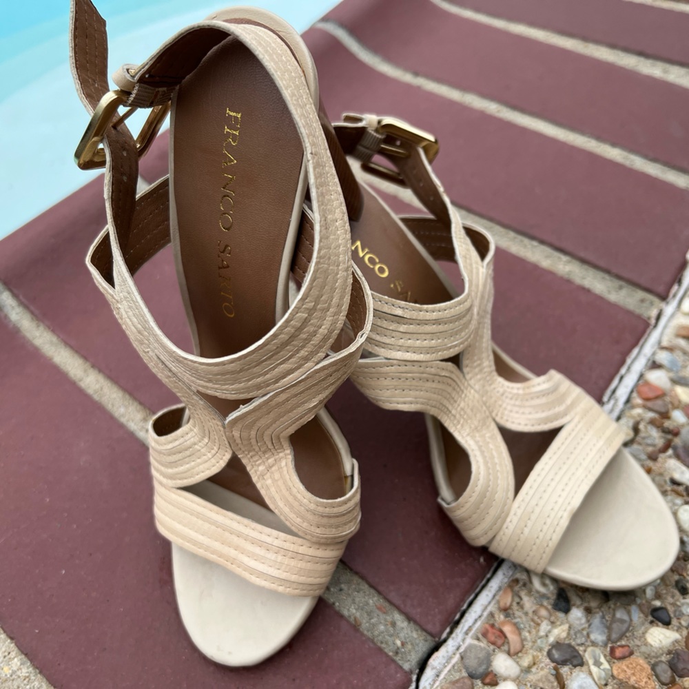 Franco Sarto sandals size 7 with leather upper and 4” heel and ankle strap